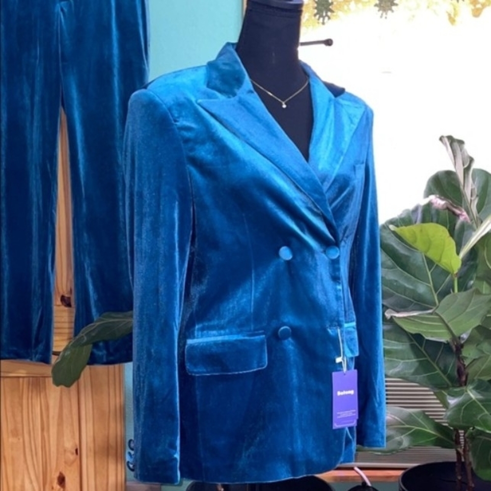 Velvet Double-Breasted Blazer - Teal Blue